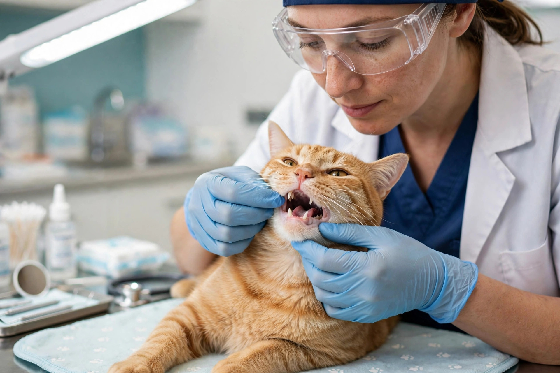 Veterinarian in gloves examining the open mouth and teeth of a calm ginger cat during a dental check