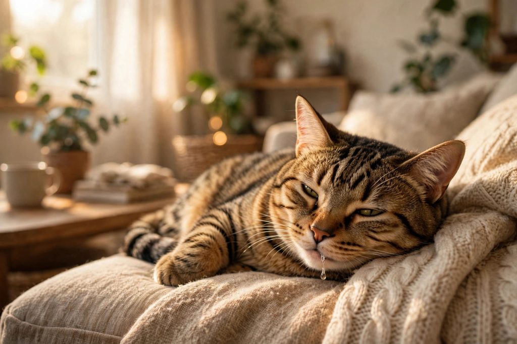 Tabby cat resting on a couch with a tiny bead of saliva at its mouth while resting contentedly