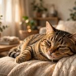 Tabby cat resting on a couch with a tiny bead of saliva at its mouth while resting contentedly