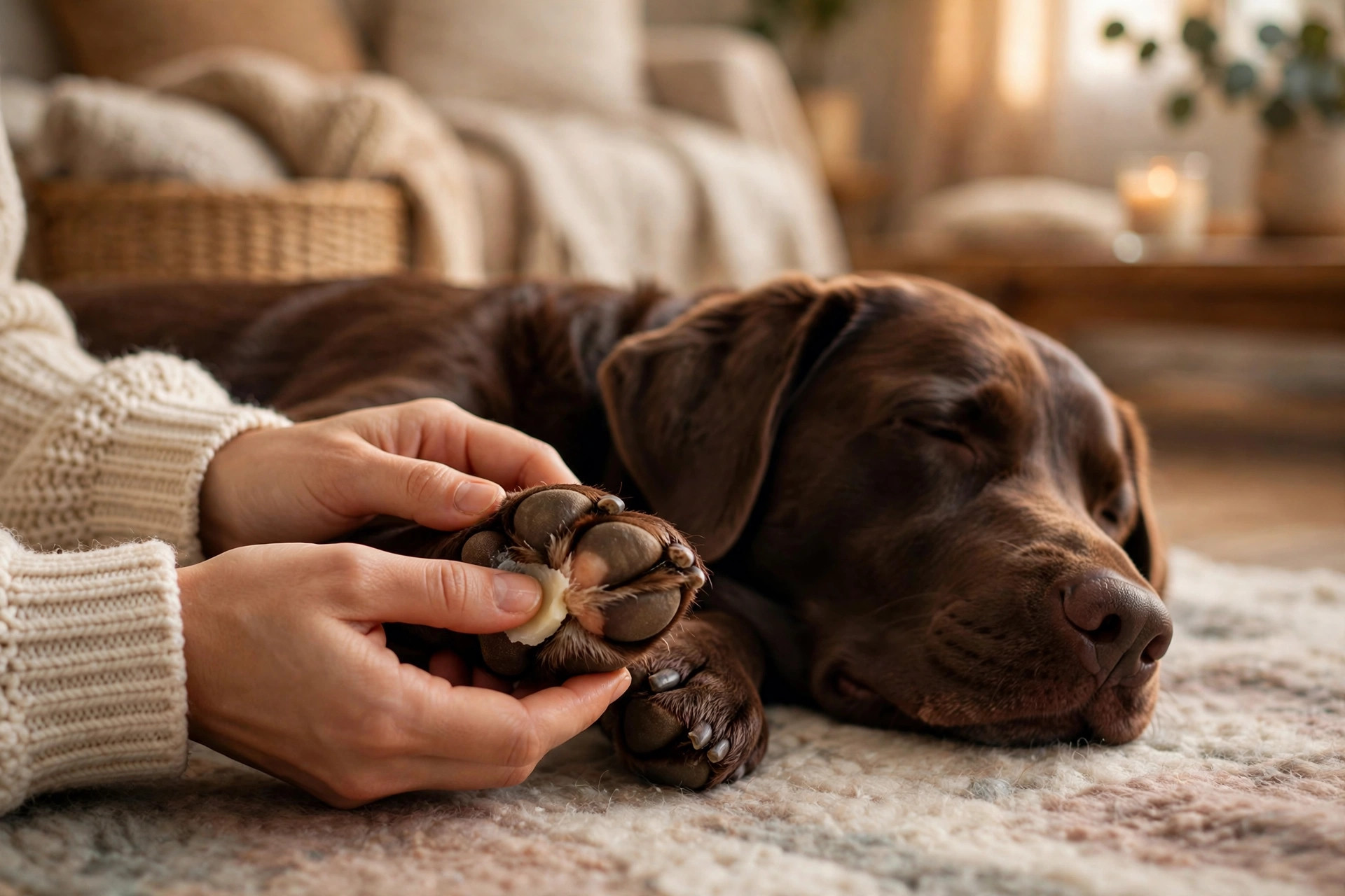 Owner gently applying moisturizing paw balm to a chocolate labrador's paw pad at home before a winter walk