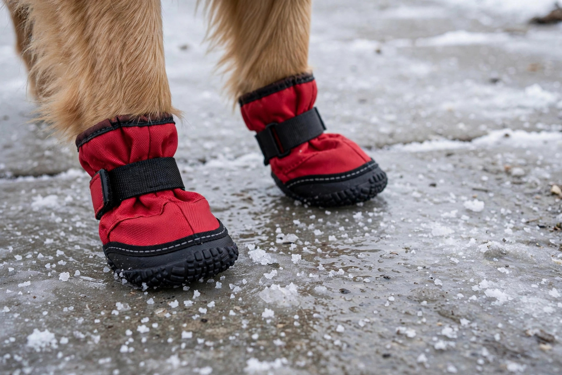 Dog's paws in red winter booties standing on icy pavement — dog booties protect paw pads from road salt and ice melt