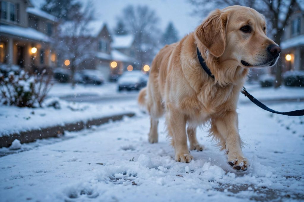 Golden retriever walking through light snow on a winter sidewalk — protecting dog paw pads from salt, ice and cold