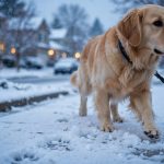 Golden retriever walking through light snow on a winter sidewalk — protecting dog paw pads from salt, ice and cold