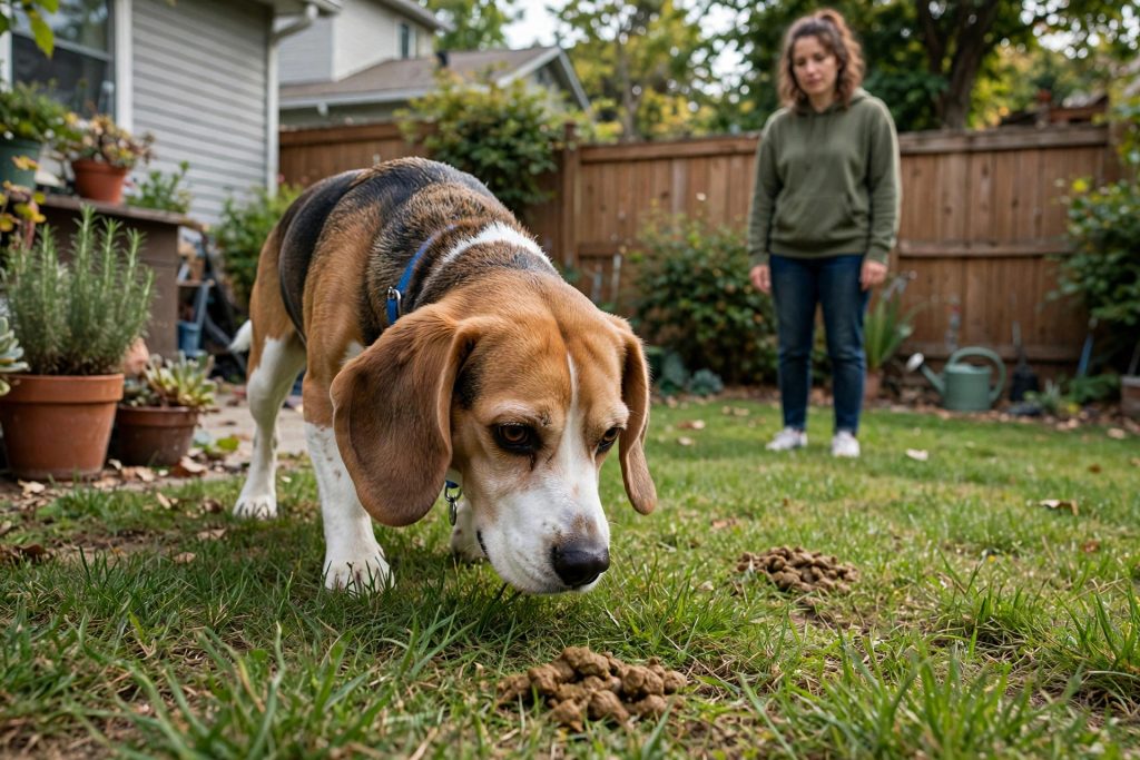 Beagle sniffing near dog droppings on backyard grass — a dog with coprophagia
