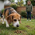 Beagle sniffing near dog droppings on backyard grass — a dog with coprophagia