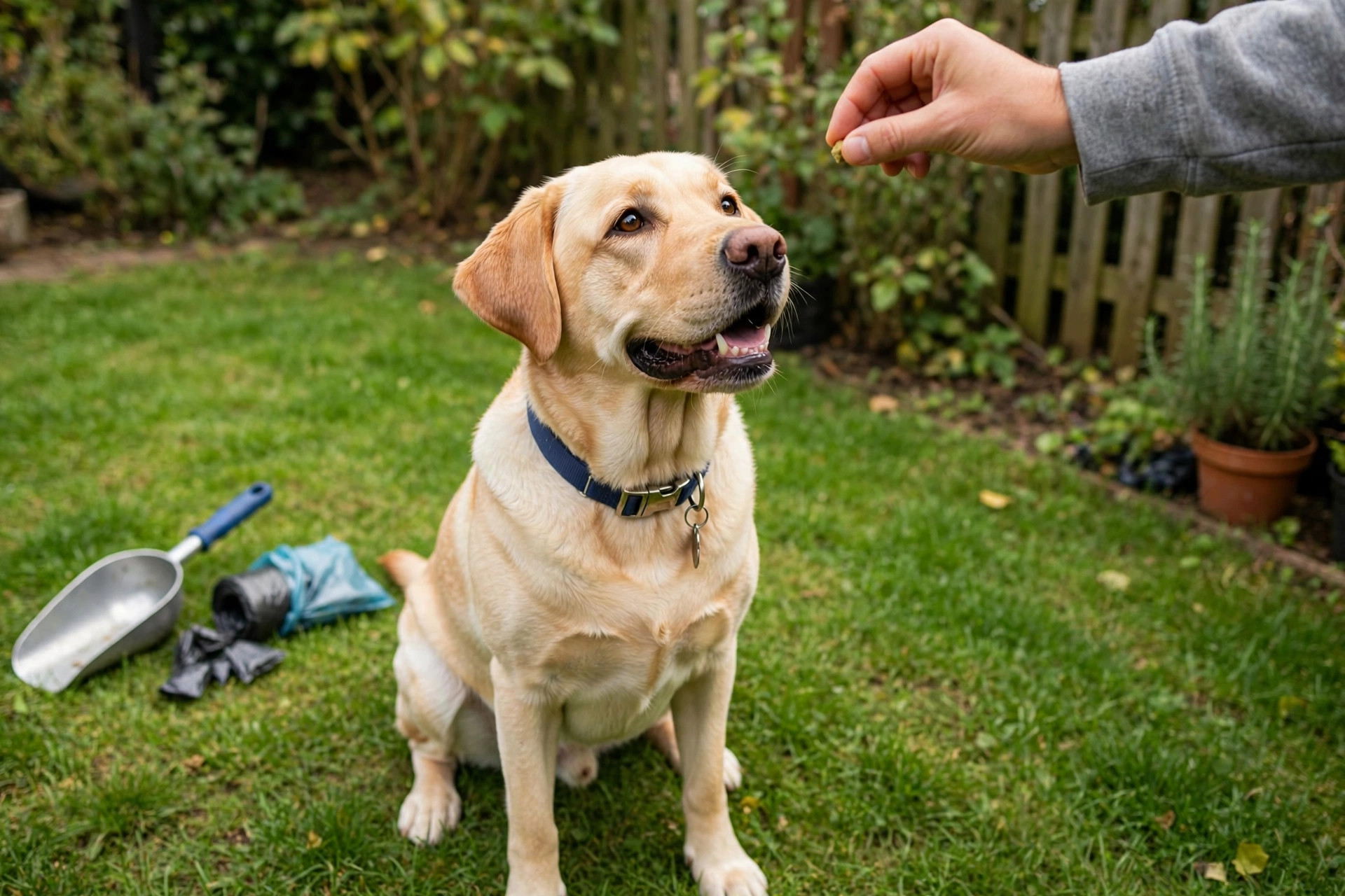 Owner rewarding a labrador with a treat for leaving poop alone — positive reinforcement training to stop coprophagia